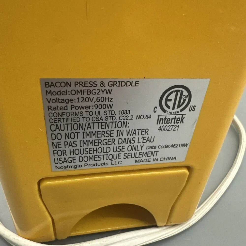 Oscar Mayer ​Yellow Bacon Press & Griddle Model OMFBG2YW Nostalgia Products Rare